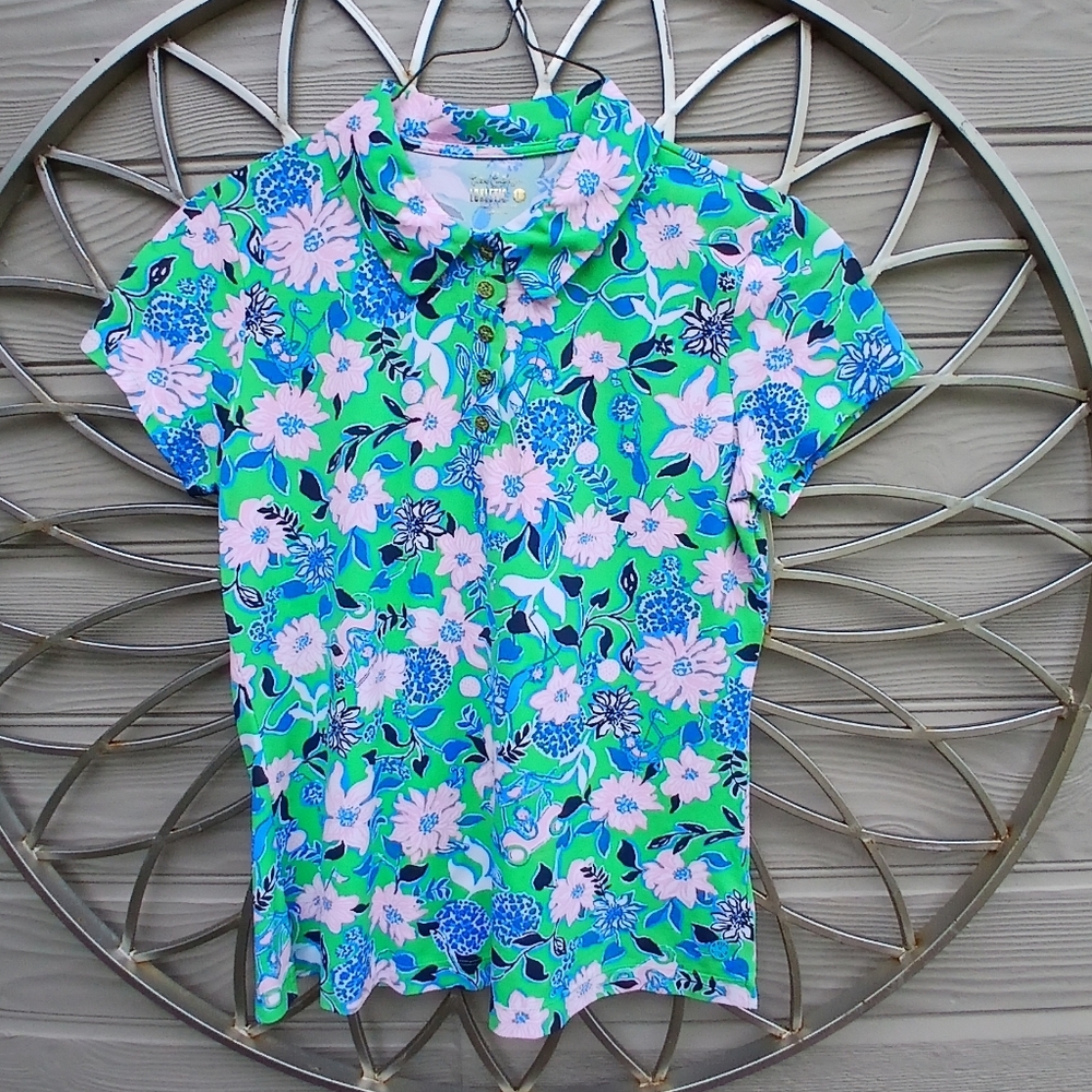 Lilly Pulitzer Bright Green Floral Polo with Pink & Blue Accents